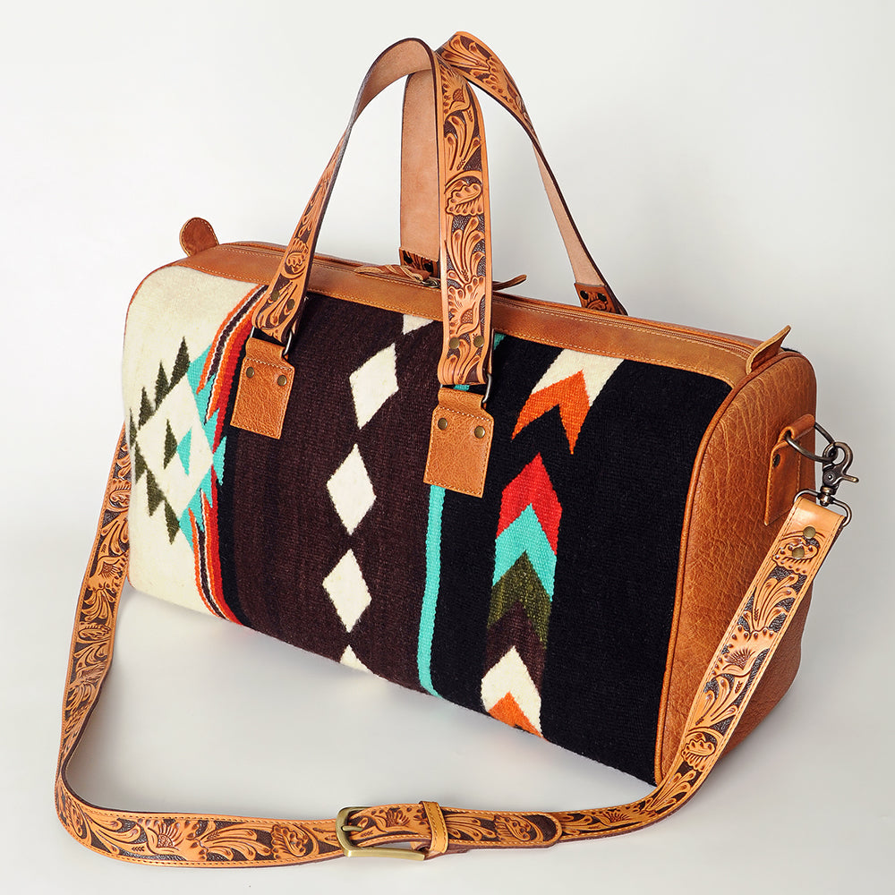 American Darling Duffel Bag for Travel, Hand Tooled Floral Leather &amp; Woven Saddle Blanket, Genuine Western Leather Weekender