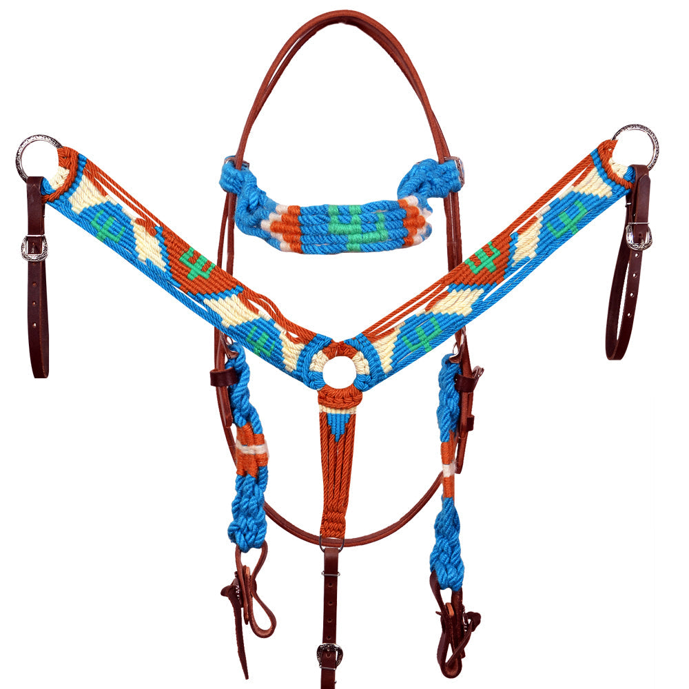 HILASON Cactus Western Wool Breast Collar Headstall Set Tack Set Turquoise &amp; white