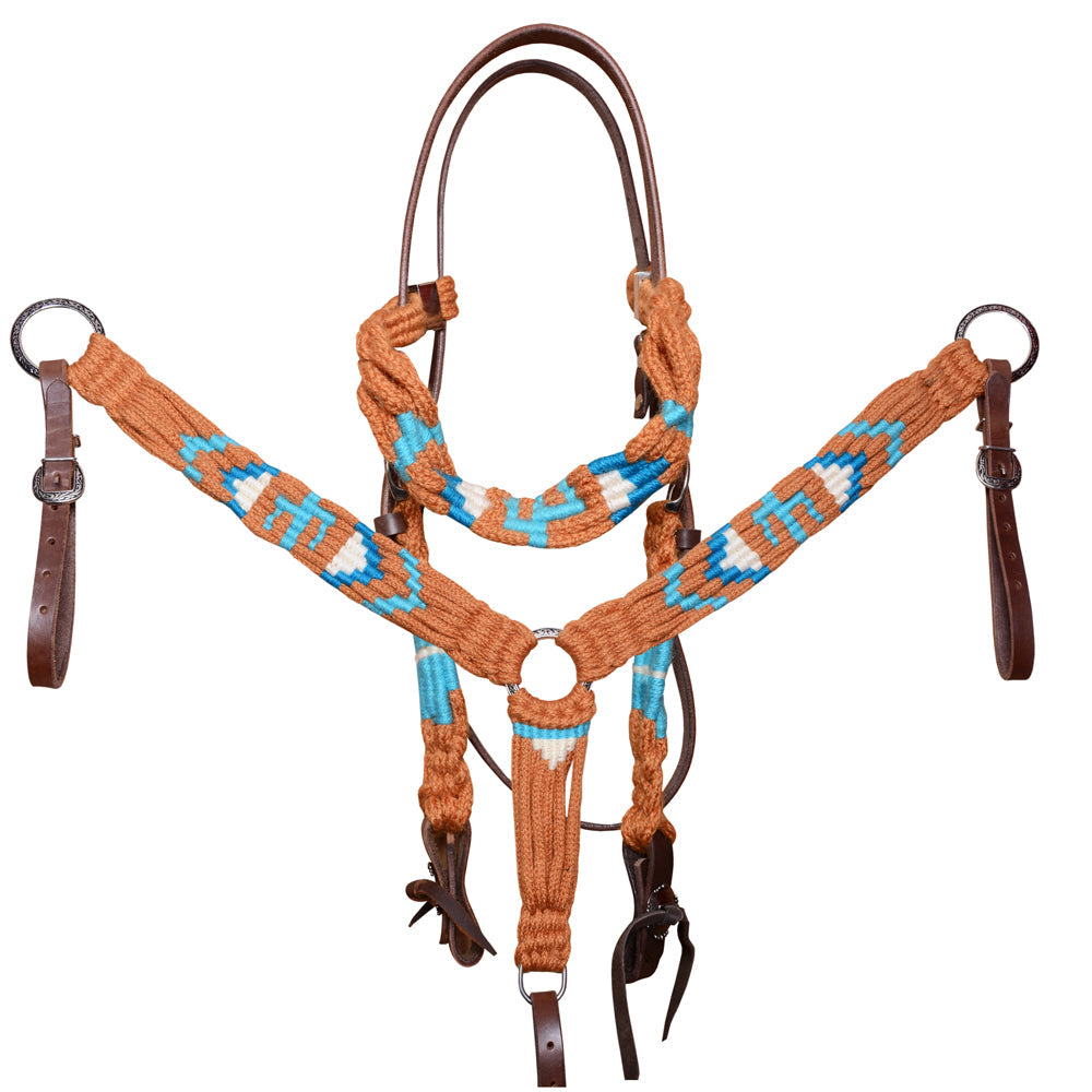 HILASON Cactus Western Wool Breast Collar Headstall Set Tack Set Blue &amp; Brown