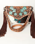 American Darling Cross body Bag Western Leather Hair-On Cowhide Braided Detail with Fringes 8in x 11in