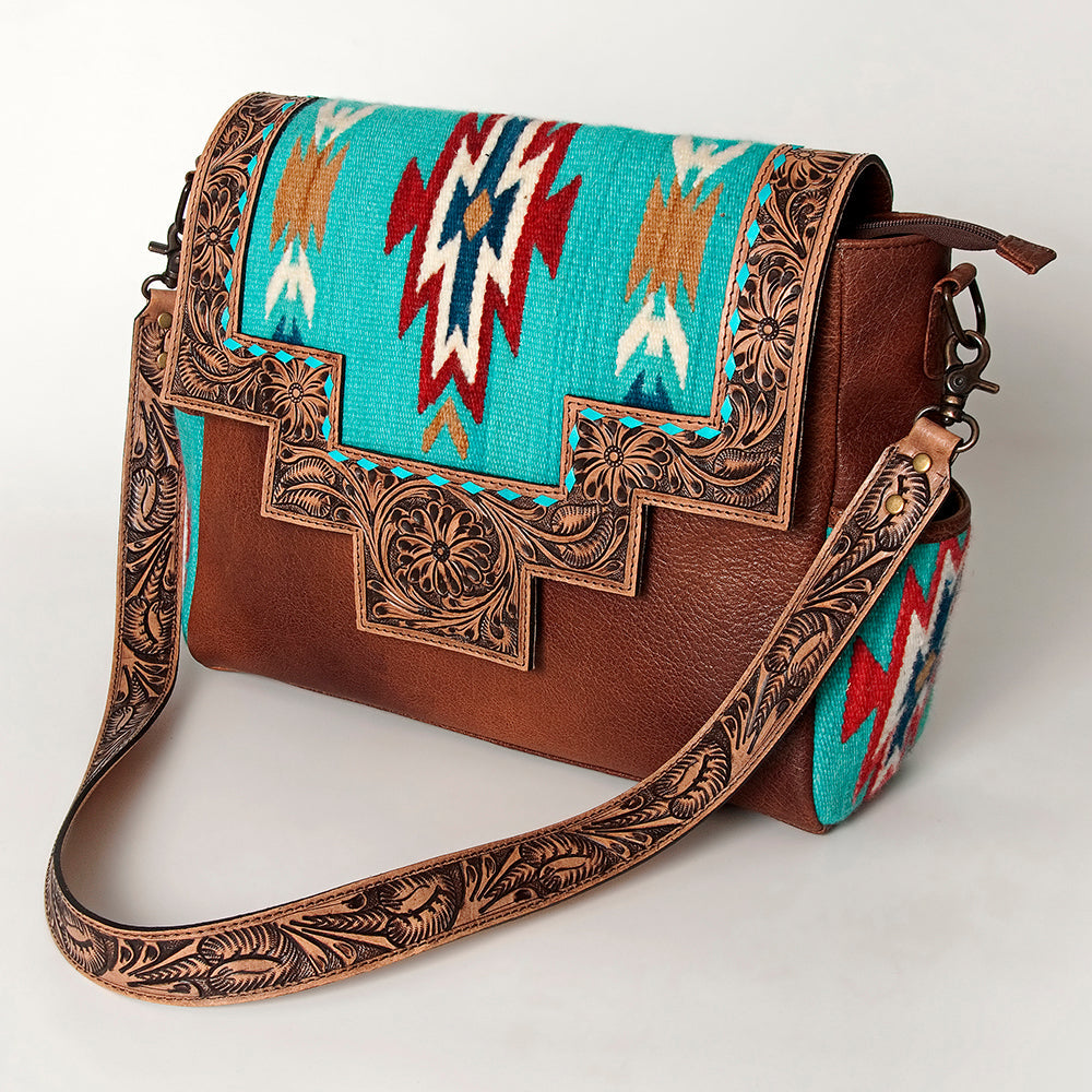 American Darling Messenger Bag Western Leather Hand Tooled Floral Carved Hair-On Cowhide Buckstitched 12in x 16in