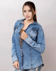 American Darling Leather Hand Tooled Carved Women Denim Shirt Jacket