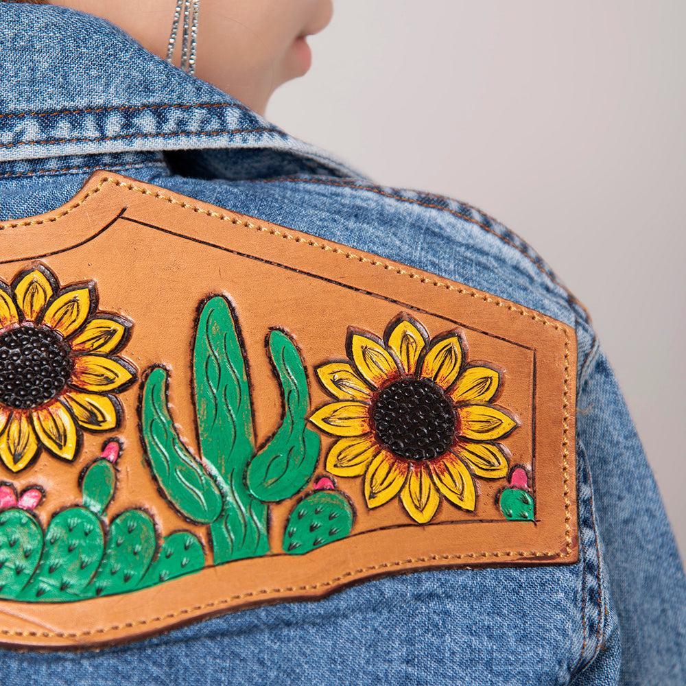 American Darling Leather Hand Tooled Carved Women Denim Shirt Jacket