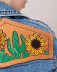 American Darling Leather Hand Tooled Carved Women Denim Shirt Jacket