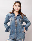 American Darling Leather Hand Tooled Carved Women Denim Shirt Jacket