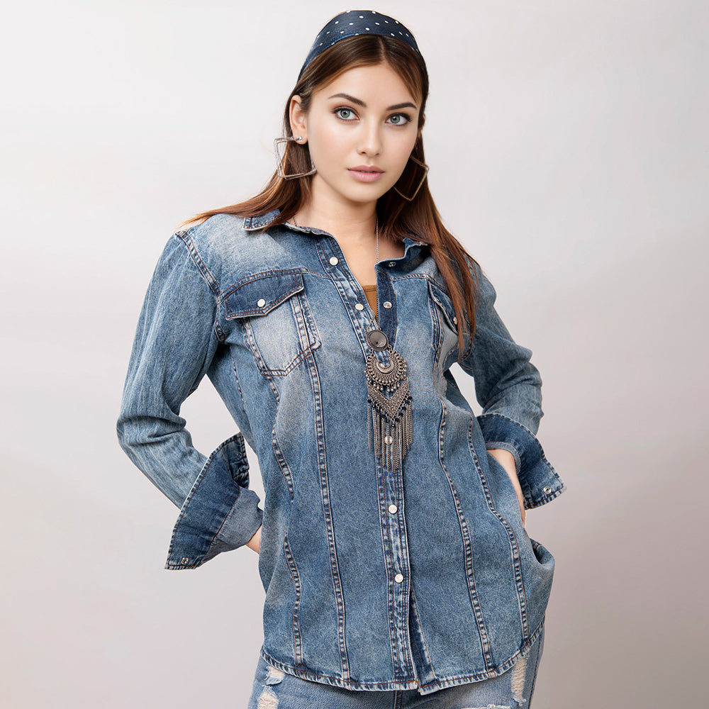 American Darling Leather Hand Tooled Carved Women Denim Shirt Jacket