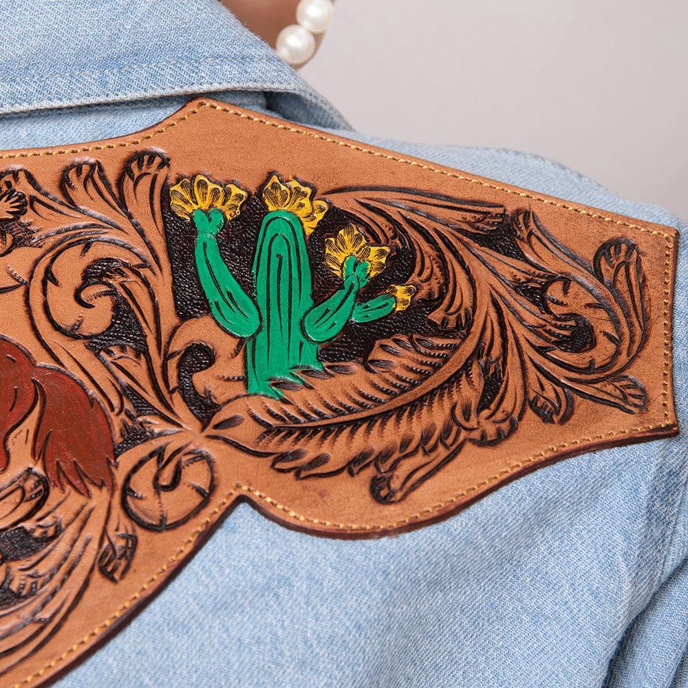 American Darling Leather Hand Tooled Carved Women Denim Shirt Jacket