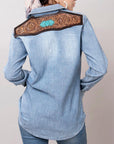 American Darling Leather Hand Tooled Carved Women Denim Shirt Jacket