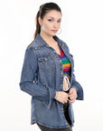 American Darling Leather Hand Tooled Carved Women Denim Shirt Jacket