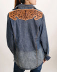 American Darling Leather Hand Tooled Carved Women Denim Shirt Jacket