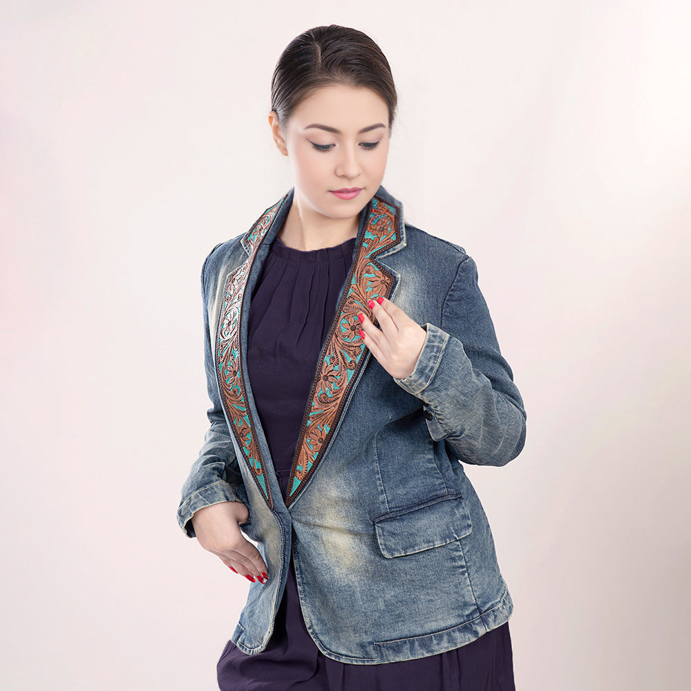 ADBZ018 Genuine leather Hand tooled hand carved Women 100% cotton Denim Blazer dress jacket ladies Girl