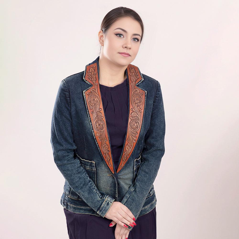 ADBZ019 Genuine leather Hand tooled hand carved Women 100% cotton Denim Blazer dress jacket ladies Girl