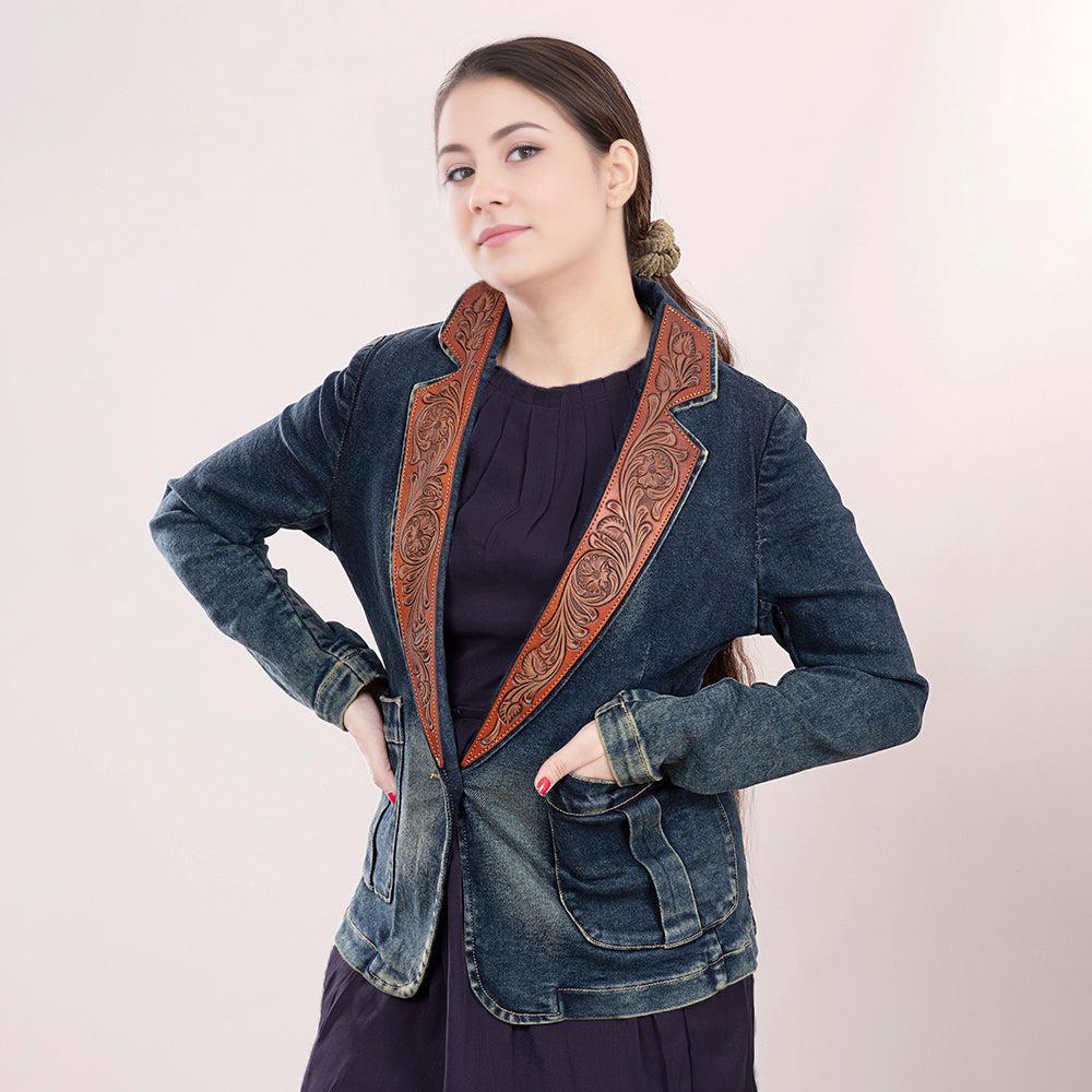 ADBZ019 Genuine leather Hand tooled hand carved Women 100% cotton Denim Blazer dress jacket ladies Girl