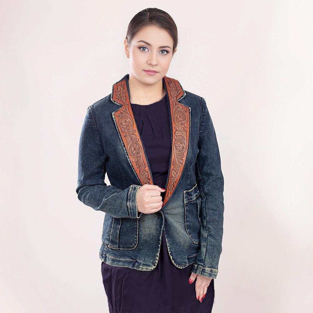 ADBZ019 Genuine leather Hand tooled hand carved Women 100% cotton Denim Blazer dress jacket ladies Girl