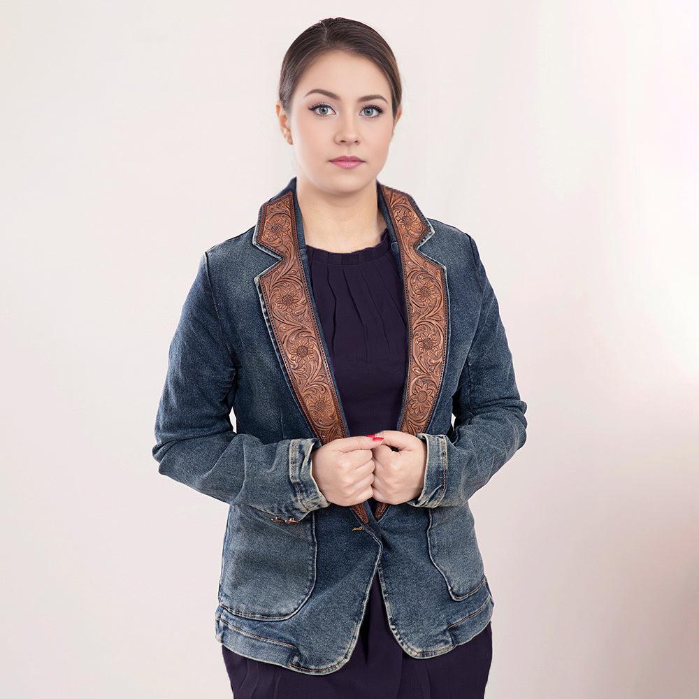 ADBZ020 Genuine leather Hand tooled hand carved Women 100% cotton Denim Blazer dress jacket ladies Girl