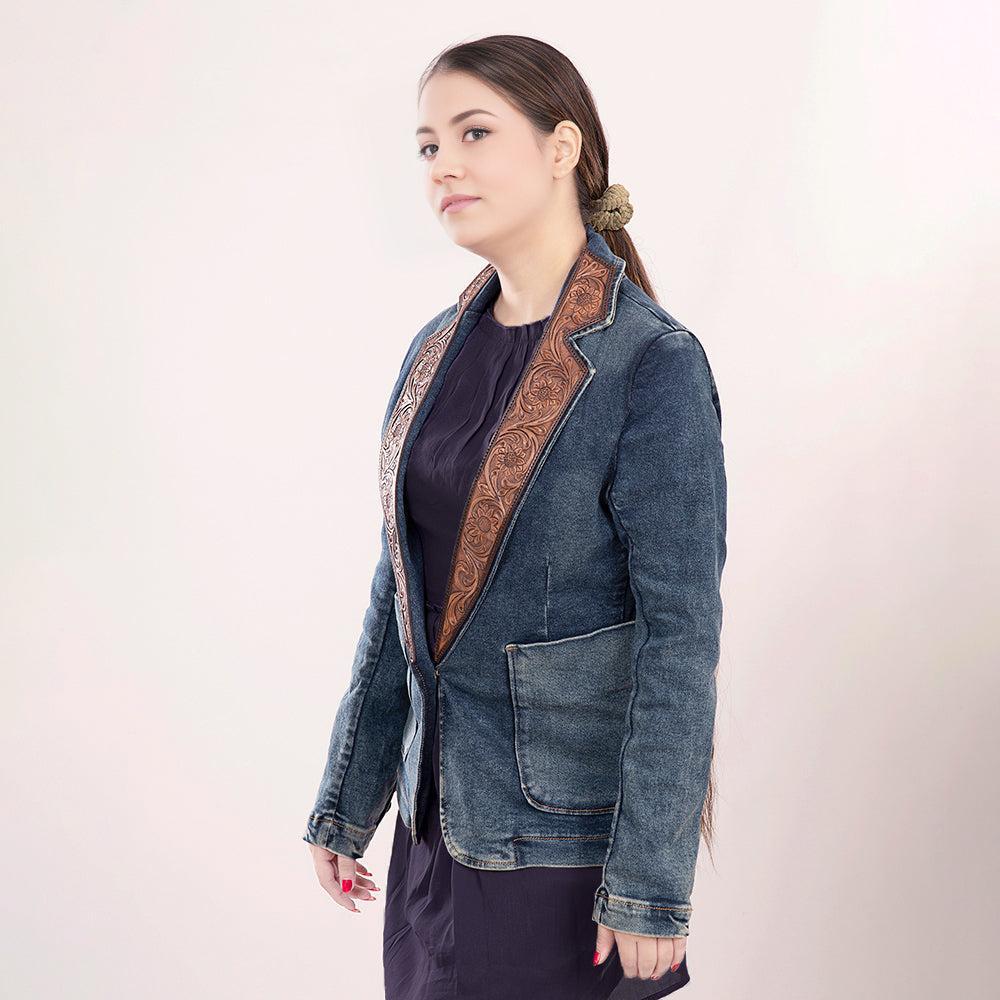 ADBZ020 Genuine leather Hand tooled hand carved Women 100% cotton Denim Blazer dress jacket ladies Girl