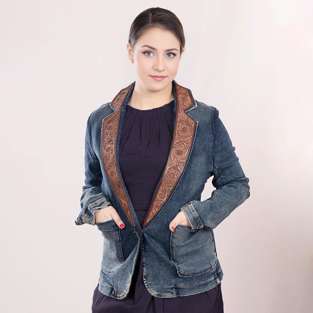 ADBZ020 Genuine leather Hand tooled hand carved Women 100% cotton Denim Blazer dress jacket ladies Girl