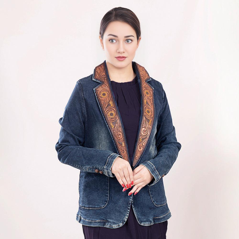 ADBZ021 Genuine leather Hand tooled hand carved Women 100% cotton Denim Blazer dress jacket ladies Girl