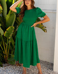 Solid Textured Smocked Puff Short Sleeve Maxi Dress