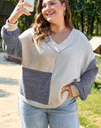 Plus Size Textured Patchwork Long Sleeve V-Neck Top