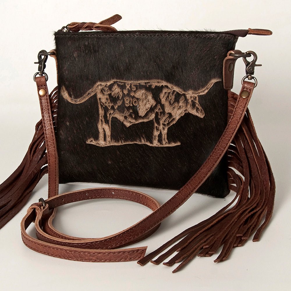 American Darling Western Small Crossbody Bag – Genuine Hair-On Cowhide Leather with Fringes, Adjustable Strap, Handcrafted in Texas