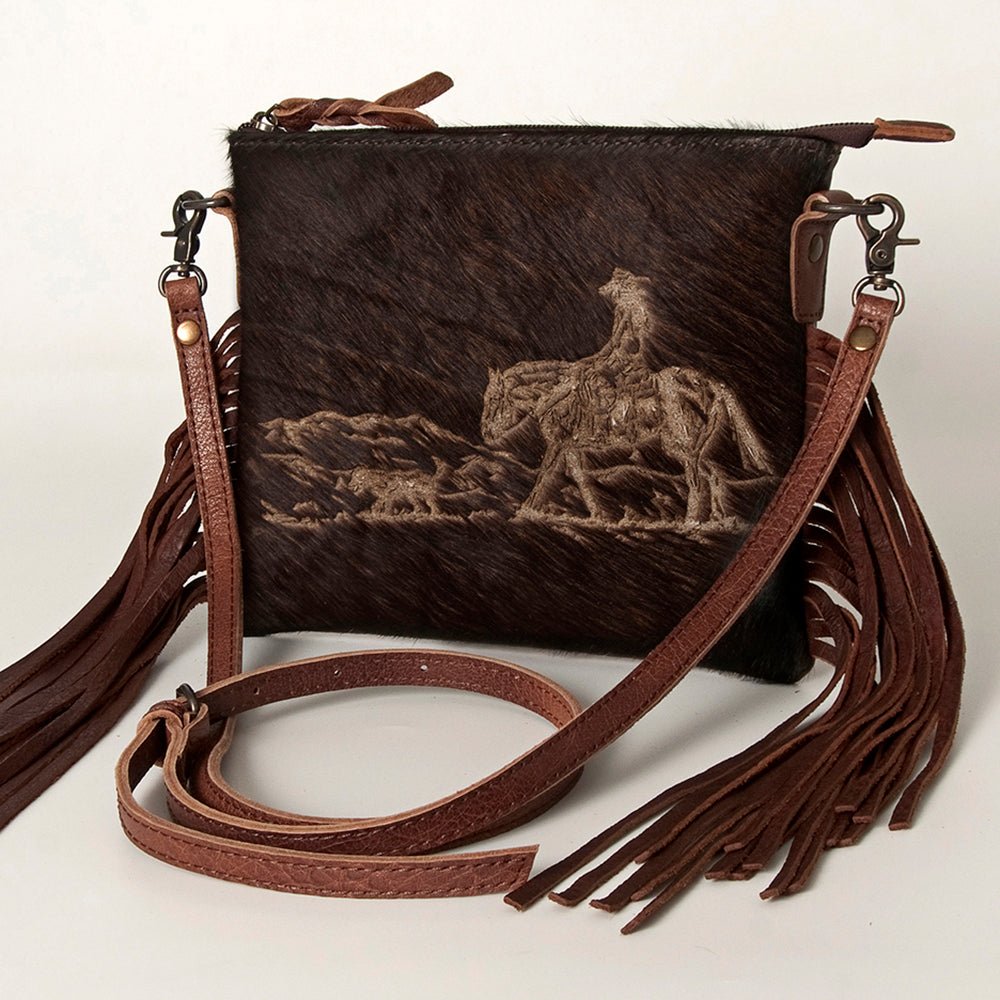 American Darling Western Small Crossbody Bag – Genuine Hair-On Cowhide Leather with Fringes, Adjustable Strap, Handcrafted in Texas