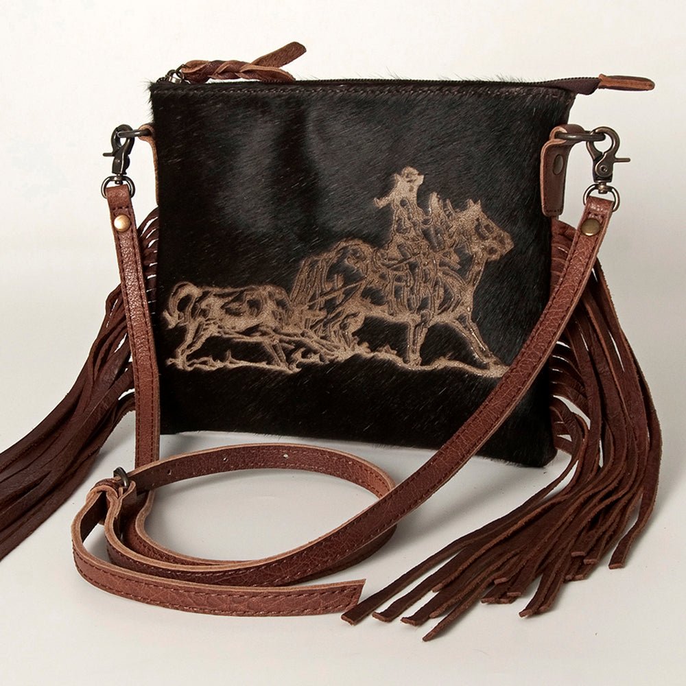 American Darling Western Small Crossbody Bag – Genuine Hair-On Cowhide Leather with Fringes, Adjustable Strap, Handcrafted in Texas