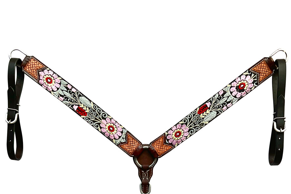 Bar H Equine Western Horse Floral Genuine American Leather Breast Collar Headstall Tack Set