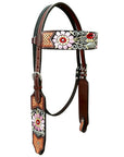 Bar H Equine Western Horse Floral Genuine American Leather Breast Collar Headstall Tack Set
