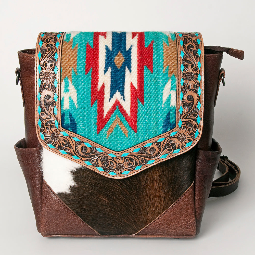 American Darling Backpack for Women, Hand Tooled Floral Leather, Hair-On Cowhide, Woven Saddle Blanket, Genuine Leather