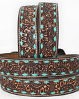 BAR H EQUINE Turquoise Sunflower Floral Hand Carved Western Fashion Premium Leather Belt Brown