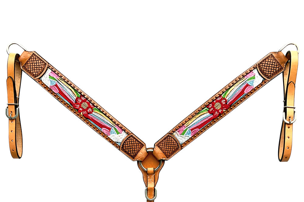 Bar H Equine Western Leather Horse Headstall &amp; Breast Collar Tan
