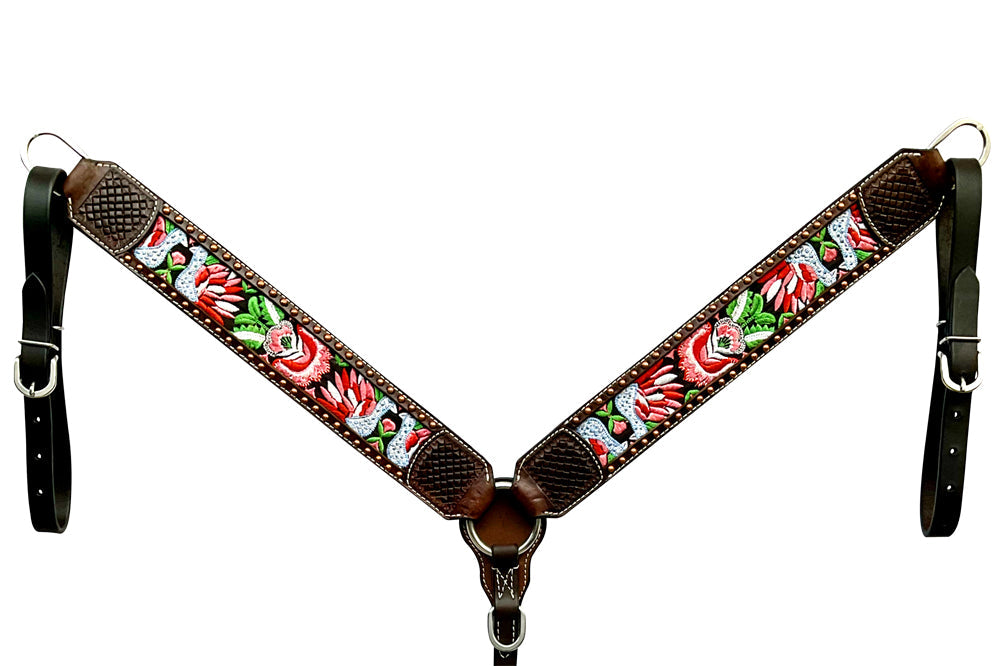Bar H Equine Horse Genuine Leather embroidery design Breast Collar ,Headstall Brown