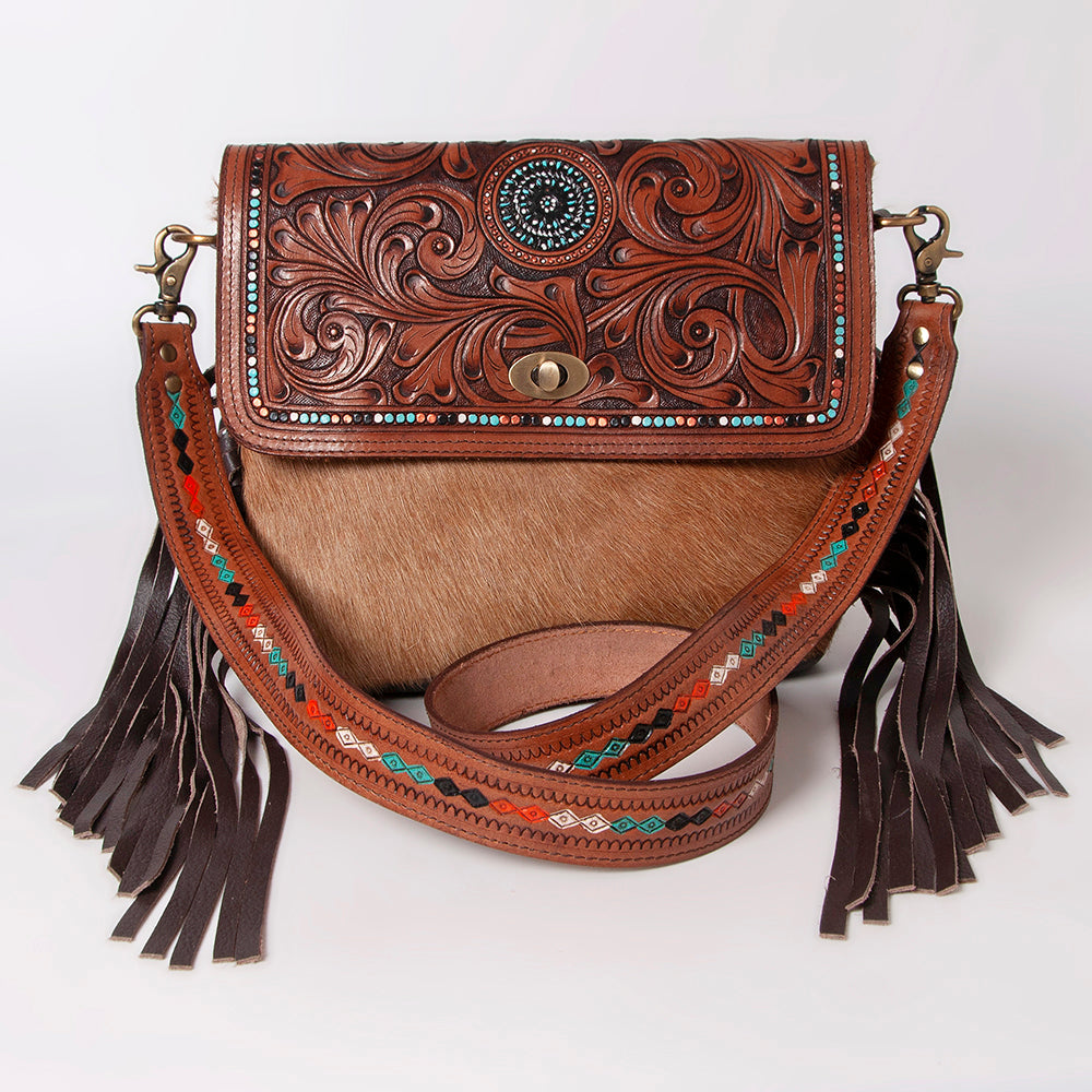 KBK104 - -CROSS BODY Hand Tooled Saddle Leather with Cowhide Ladies Bag KBK1