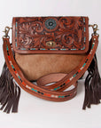 KBK104 - -CROSS BODY Hand Tooled Saddle Leather with Cowhide Ladies Bag KBK1