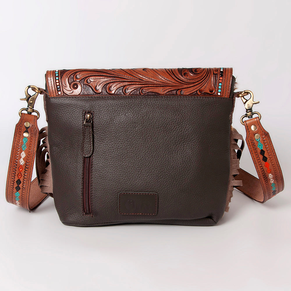 KBK104 - -CROSS BODY Hand Tooled Saddle Leather with Cowhide Ladies Bag KBK1