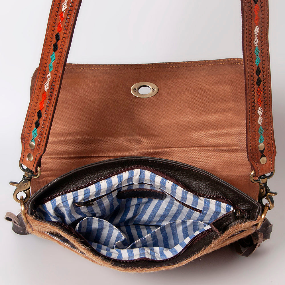 KBK104 - -CROSS BODY Hand Tooled Saddle Leather with Cowhide Ladies Bag KBK1