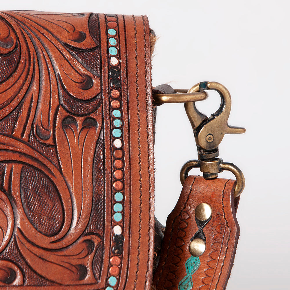 KBK104 - -CROSS BODY Hand Tooled Saddle Leather with Cowhide Ladies Bag KBK1