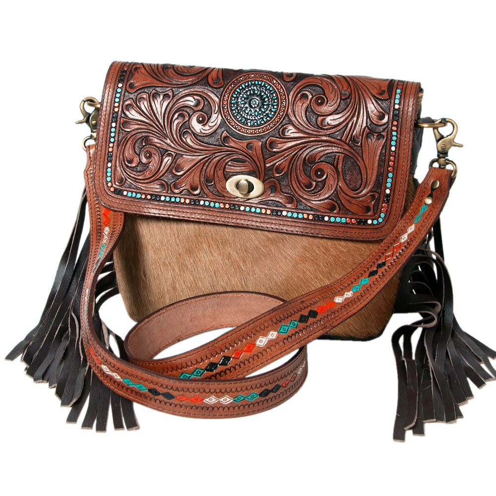 KBK104 - -CROSS BODY Hand Tooled Saddle Leather with Cowhide Ladies Bag KBK1