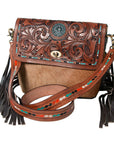 KBK104 - -CROSS BODY Hand Tooled Saddle Leather with Cowhide Ladies Bag KBK1