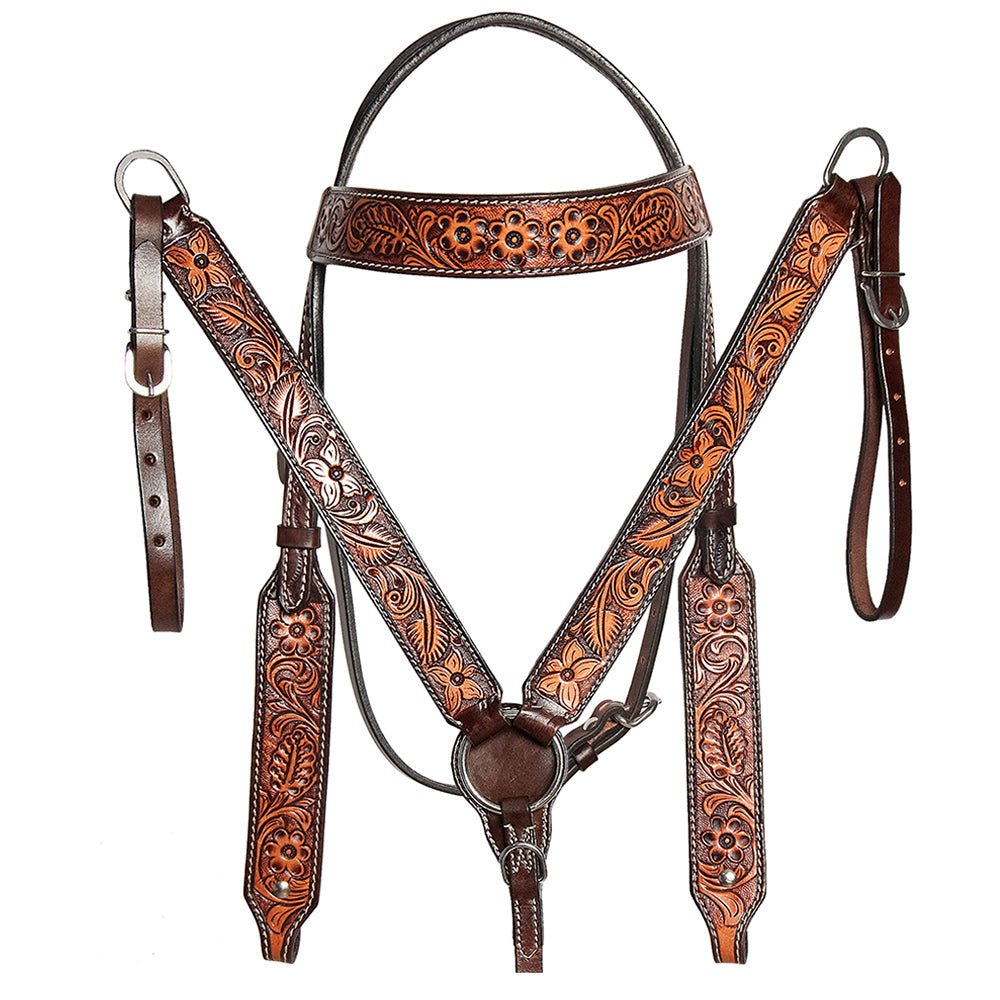 HILASON Western American Leather Horse Headstall &amp; Breast Collar Floral Carved Tack Set Dark Brown