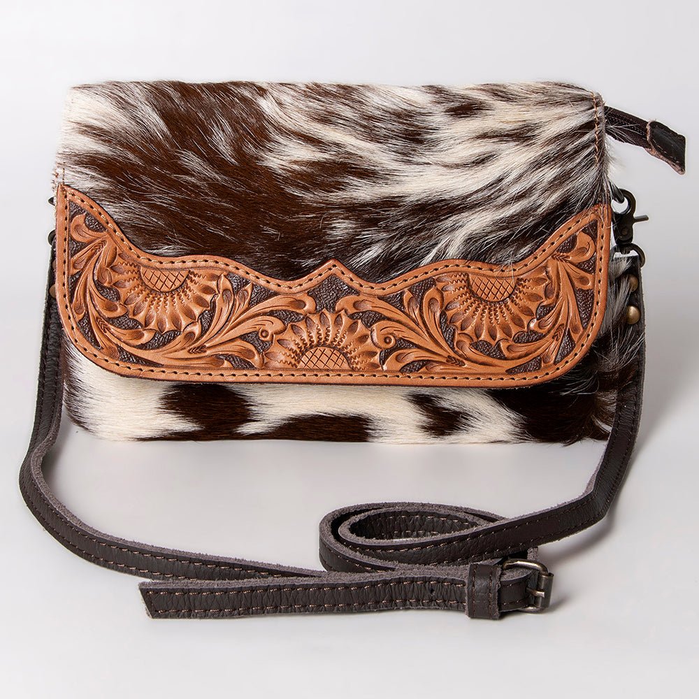 Hair On Hide Crossbody Bag With Hand Tooled Sunflower Flap