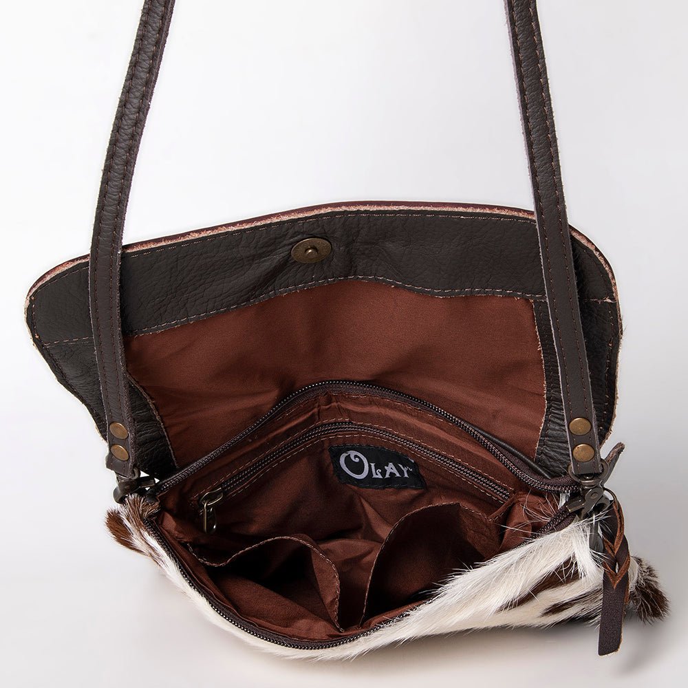 Hair On Hide Crossbody Bag With Hand Tooled Sunflower Flap