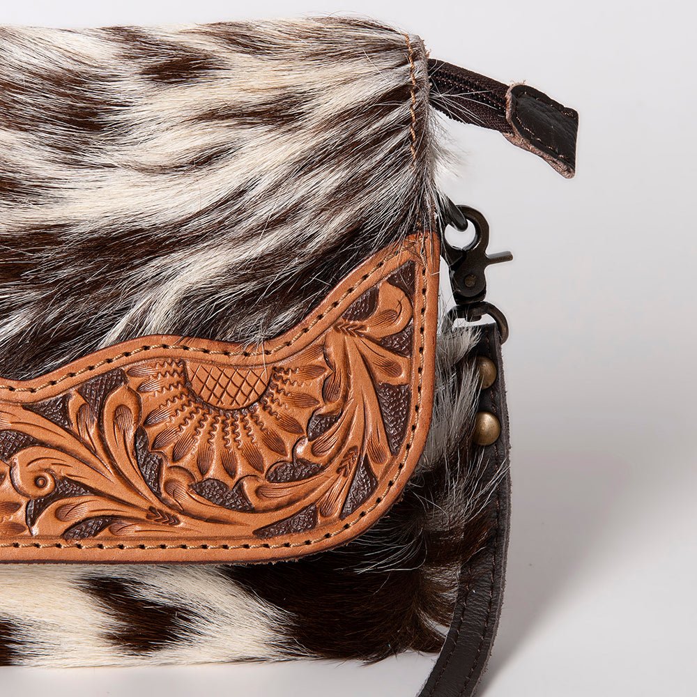 Hair On Hide Crossbody Bag With Hand Tooled Sunflower Flap