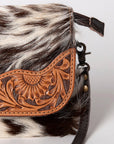 Hair On Hide Crossbody Bag With Hand Tooled Sunflower Flap