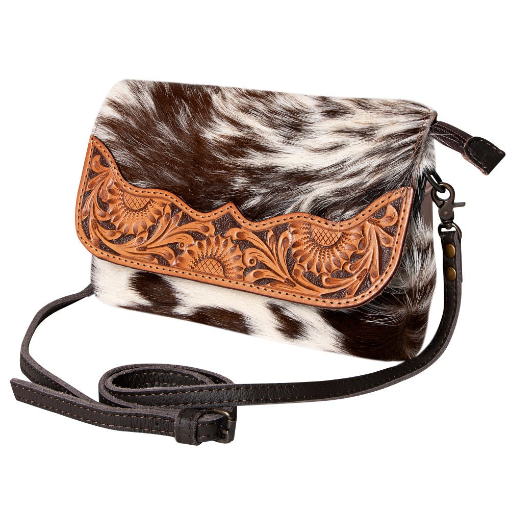 Hair On Hide Crossbody Bag With Hand Tooled Sunflower Flap