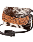 Hair On Hide Crossbody Bag With Hand Tooled Sunflower Flap