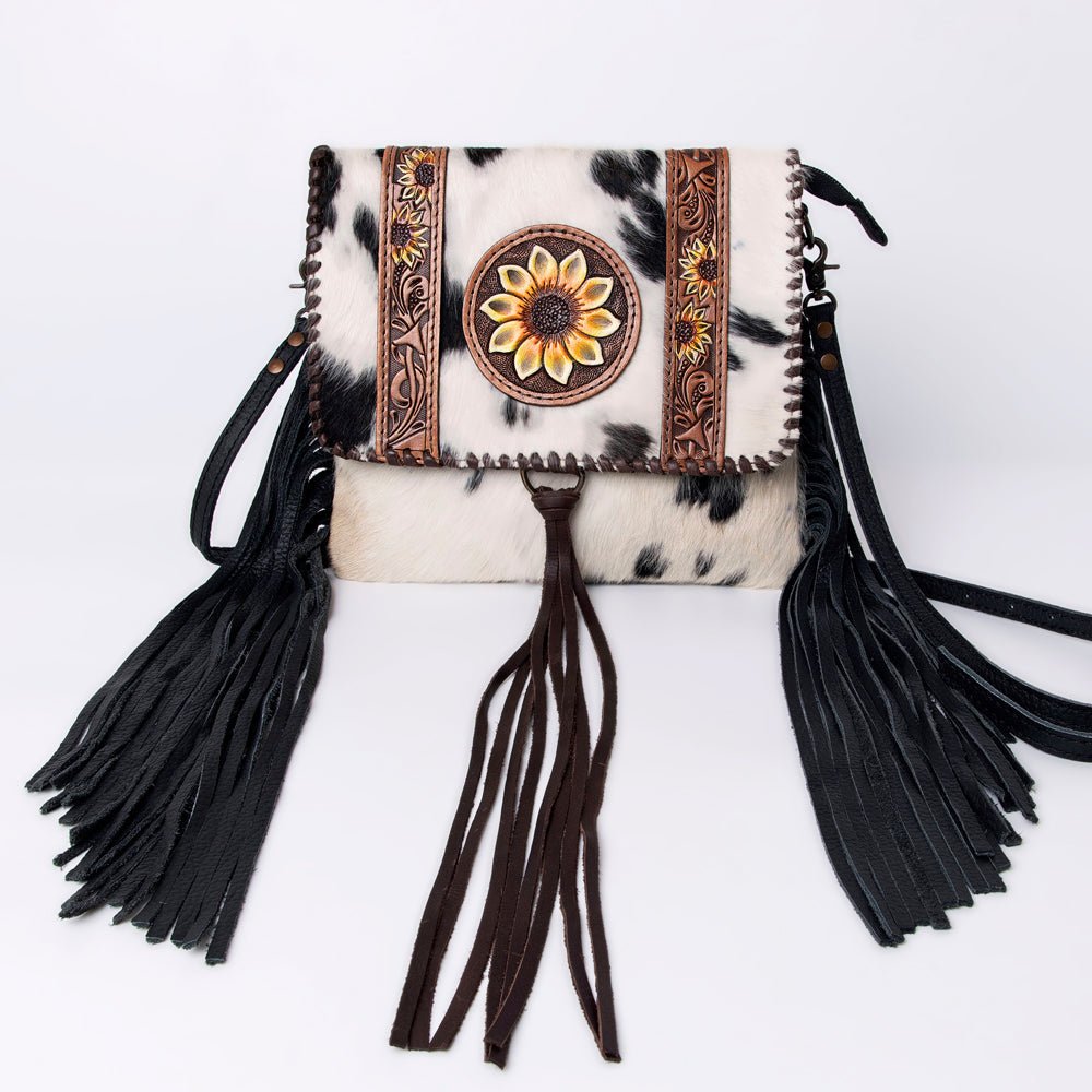 Western Hair-On Hide Sunflower Mini Crossbody Bag With Rustic Fringe Detailing Accents