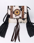 Western Hair-On Hide Sunflower Mini Crossbody Bag With Rustic Fringe Detailing Accents