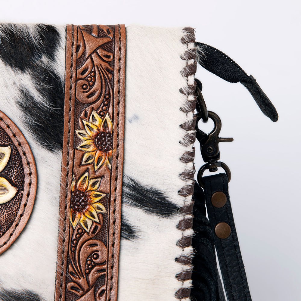 Western Hair-On Hide Sunflower Mini Crossbody Bag With Rustic Fringe Detailing Accents